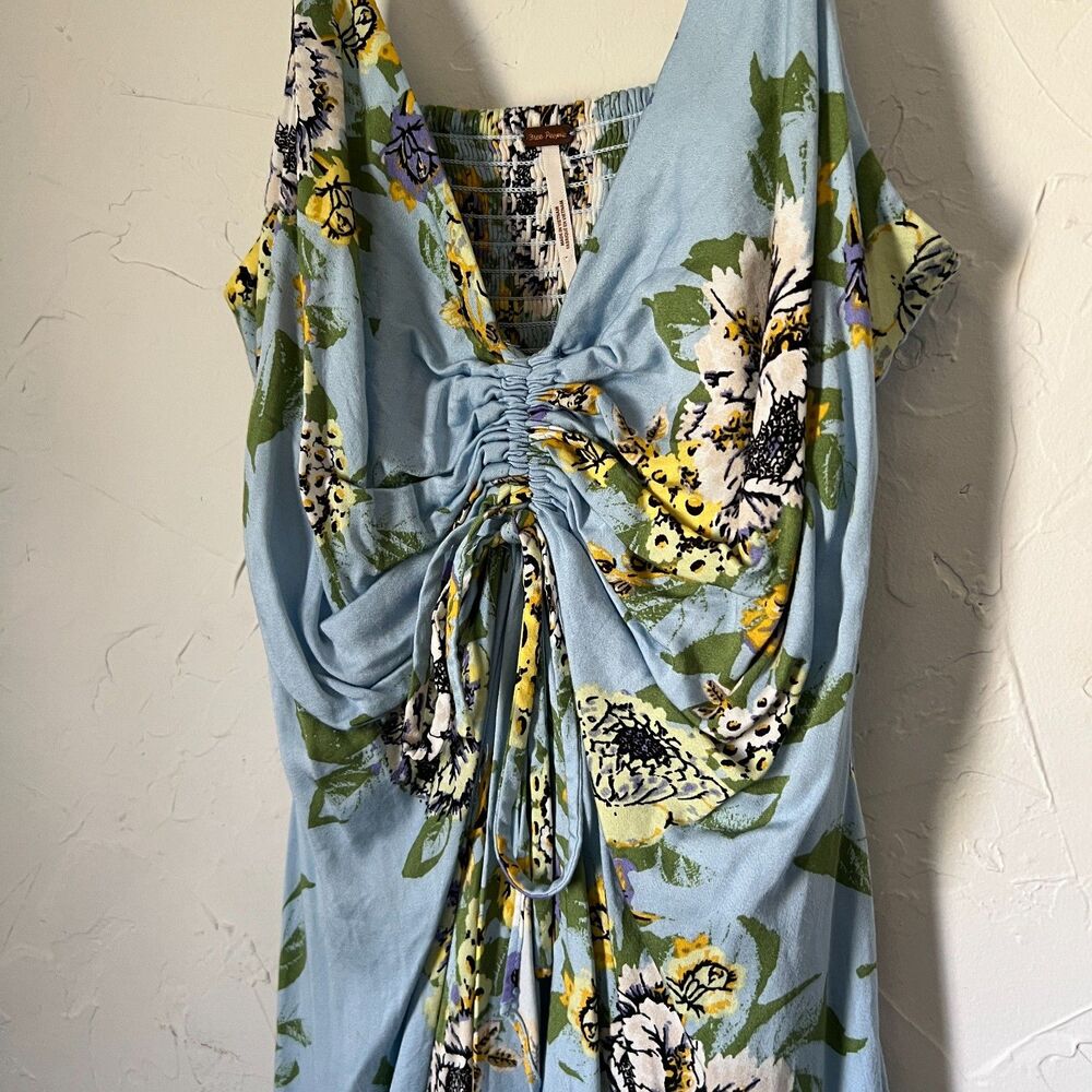 Free People Happy Heart Blue Floral Ruched Mini Dress Cottagecore Picnic Size S - Picture 5 of 9